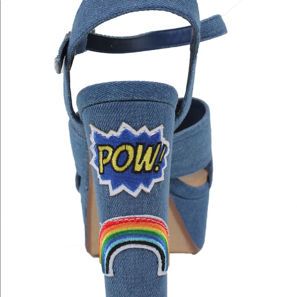 Blue denim patched open toe ankle strap block heel - Picture 5 of 5